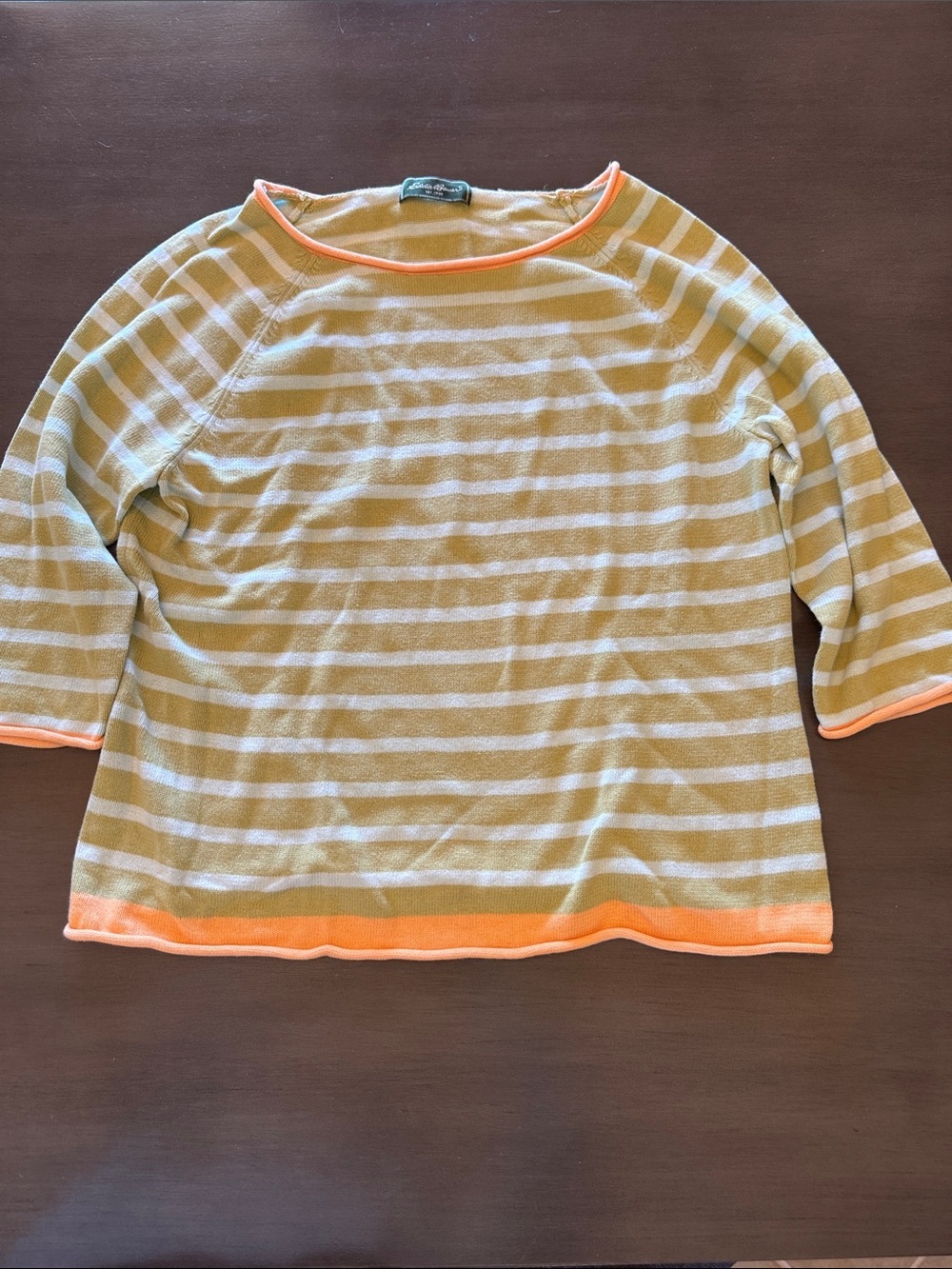 Eddie Bauer Pale Green and Light Blue Striped Crewneck with Orange Trim